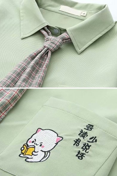 Simple Womens Long Sleeve Lapel Collar Button Down Chinese Letter Cartoon Embroidery Relaxed Shirt with Checkered Tie