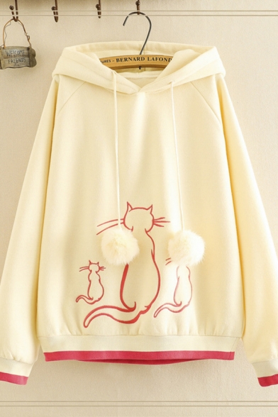 Trendy Ladies' Long Sleeve Pom Pom Drawstring Cat Pattern Contrast Piped Loose Fit Hoodie