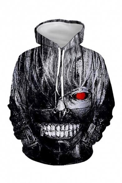 Unisex Cool Street Long Sleeve Drawstring Skull Patterned Relaxed Fit Hoodie in Black
