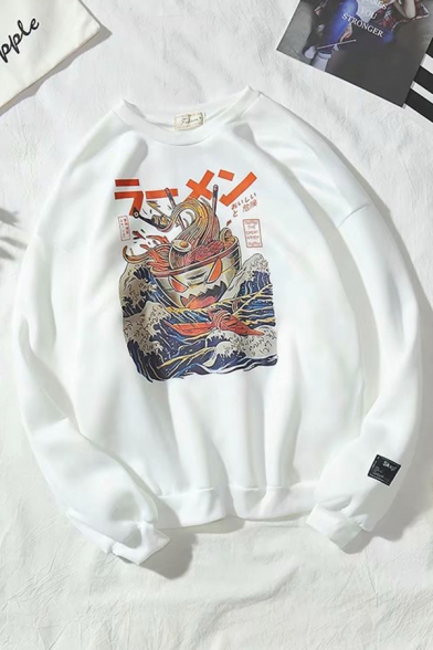 Basic Cool Long Sleeve Crew Neck Japanese Letter Noodles Printed Relaxed Pullover Graphic Sweatshirt for Boys