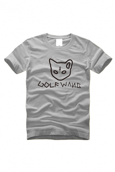 Basic Mens Short Sleeve Crew Neck Cat Printed Letter GOLF WANG Slim Fit T-Shirt