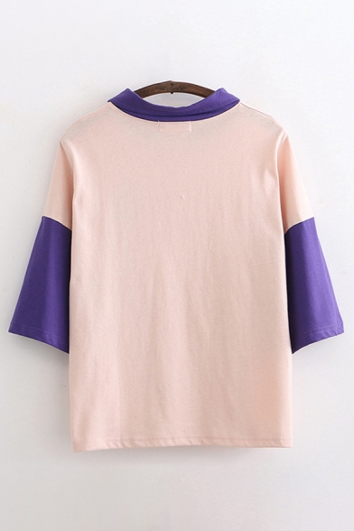 Casual Girls Three-Quarter Sleeve Lapel Neck Button Front Colorblock Cartoon Printed Relaxed Sweatshirt