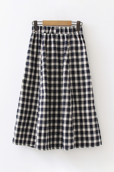 Casual Nice Girls Elastic Waist Checker Printed Long A-Line Skirt in Navy