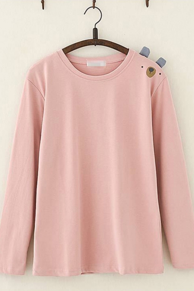 Casual Simple Womens Long Sleeve Round Neck Bear Printed Loose Fit T Shirt