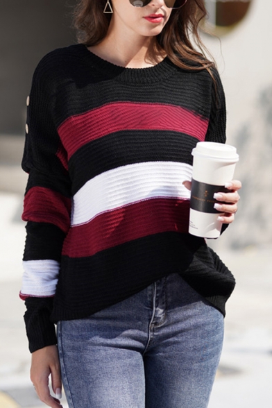 Casual Warm Long Sleeve Round Neck Stripe Patterned Button Detail Loose Fit Sweater Top for Ladies