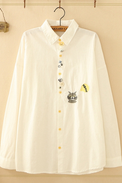 Casual Womens Long Sleeve Lapel Collar Button Down Cat Embroidered Patchwork Loose Fit Shirt
