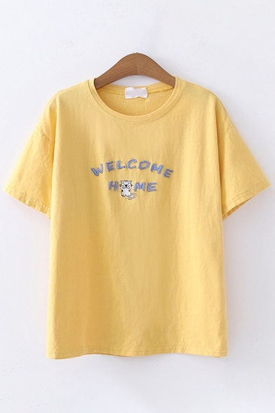 Chic Fashion Girls Short Sleeve Crew Neck Letter WELCOME HOME Cat Embroidery Relaxed Fit Tee Top