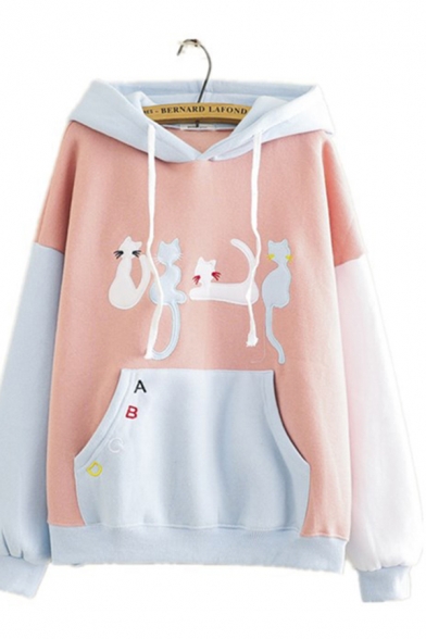 Chic Street Girls' Long Sleeve Drawstring Cat Letter ABCD Embroidery Pouch Pocket Colorblocked Oversize Hoodie