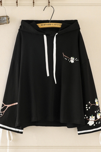 Chinese Style Ladies Long Sleeve Drawstring Cat Floral Printed Tied Relaxed Fit Hoodie
