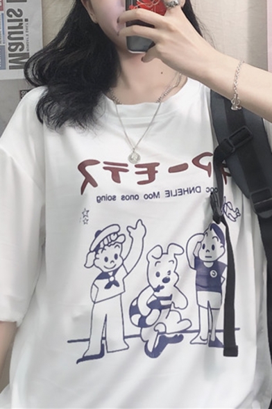 Cool Street Girls Short Sleeve Round Neck Japanese Letter Cartoon Graphic Loose Fit T Shirt