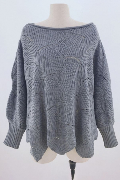 Creative Fashion Plain Long Sleeve Round Neck Hollow Out Chunky Knit Asymmetric Hem Oversize Sweater