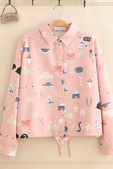 Cute Fancy Long Sleeve Lapel Neck Button Down All Over Cartoon Printed Drawstring Hem Relaxed Shirt in Pink