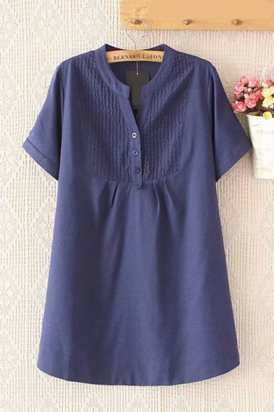 eisure Womens Short Sleeve V-Neck Button Down Solid Color Mid Swing Dress
