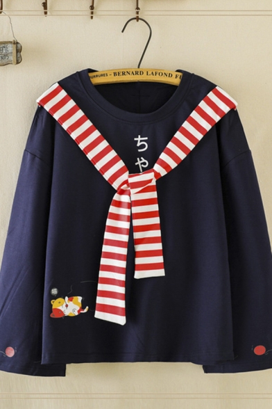 Fancy Chic Women's Long Sleeve Crew Neck Japanese Letter Cat Graphic Striped Tied Front Loose Pullover Sweatshirt