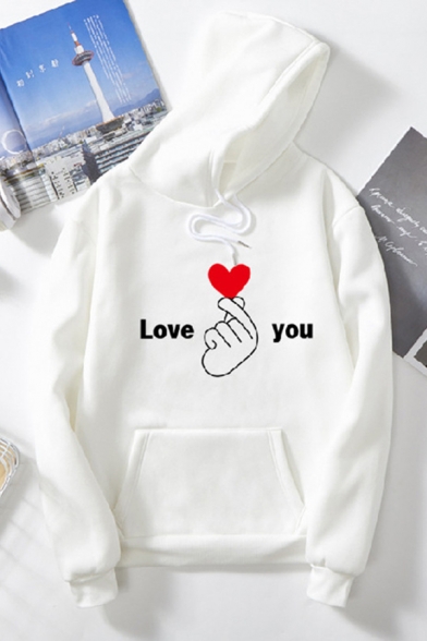 Fancy Girls Long Sleeve Drawstring Letter LOVE YOU Finger Heart Gesture Graphic Relaxed Hoodie with Pocket