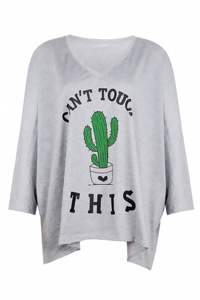Fashion Women's Long Sleeve Round Neck Letter CAN'T TOUCH THIS Cactus Printed Oversize T-Shirt