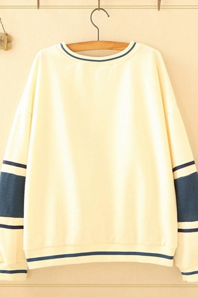 Fashionable Ladies Long Sleeve Round Neck Letter WHITE RABBIT Rabbit Graphic Color Block Loose Fit Pullover Sweatshirt in Yellow