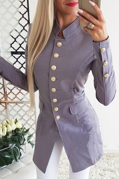 Formal Women's Plain Long Sleeve Stand Collar Button Down Plain Slim Fit Blazer