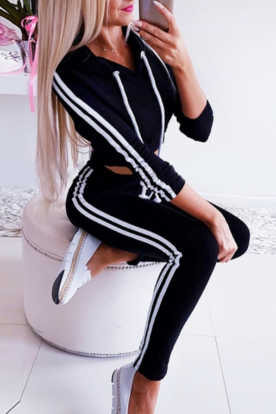 Girls' Active Long Sleeve Drawstring Striped Crop Fitted Hoodie with Skinny Sweatpants