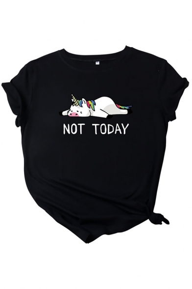 Korean Girls Roll-Up Sleeve Round Neck Letter NOT TODAY Cow Graphic Loose Fit T Shirt