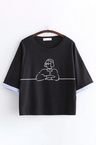 

Korean Girls Three-Quarter Sleeve Round Neck Cartoon Printed Relaxed Fit Tee Top, Black;white, LM599117