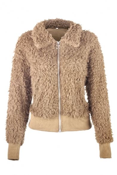 Leisure Thickened Women's Plain Long Sleeve Lapel Collar Zipper Front Sherpa Fleece Relaxed Fit Jacket