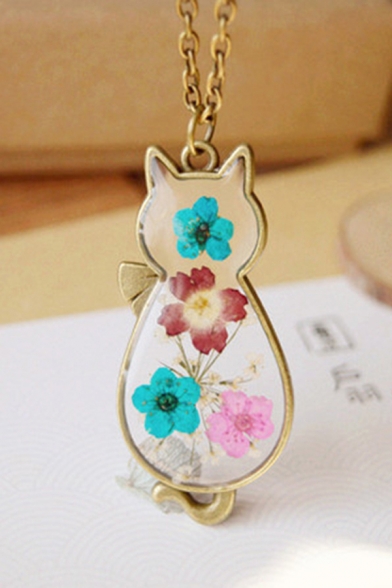 Lovely Handmade Cat Printed Nature Dried Flower Retro Fashion Nacklace for Gift