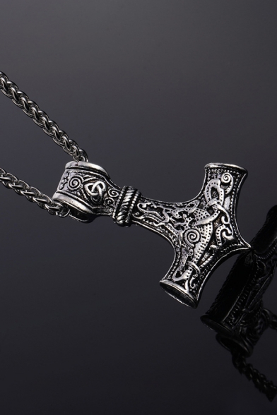 Mens Vintage Thor's Hammer Viking Style Stainless Steel Necklace in Silver