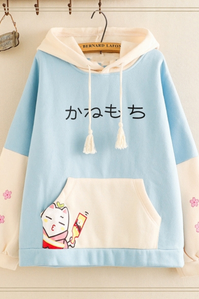 New Trendy Girls Long Sleeve Drawstring Japanese Letter Cat Floral Graphic Color Block Loose Fit Hoodie with Pocket