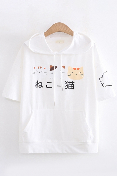 Popular Girls Short Sleeve Hooded Drawstring Japanese Letter Cat Graphic Kangaroo Pocket Relaxed T Shirt