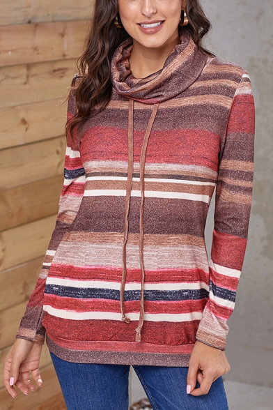 Popular Ladies' Long Sleeve Cowl Neck Drawstring Stripe Printed Slim Fit Pullover Sweatshirt