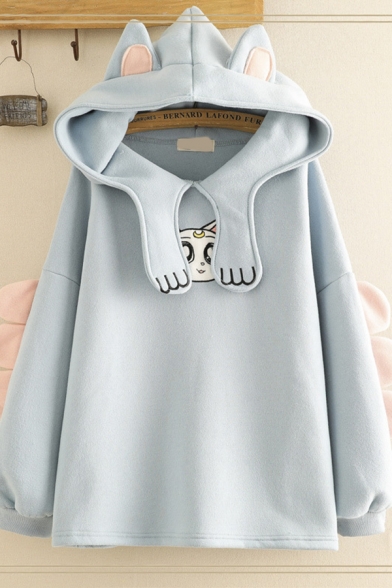 Pretty Cute Girls Long Sleeve Cat Embroidered Loose Fit Paw Ears Hoodie