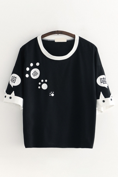 Pretty Girls Short Sleeve Round Neck Paw Print Chinese Letter Graphic Contrast Piped Relaxed Fit T Shirt