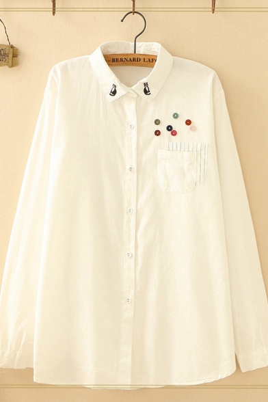Pretty Ladies Long Sleeve Lapel Neck Button Down Cat Embroidered Colorful Button Detail Striped Pocket Oversize Shirt