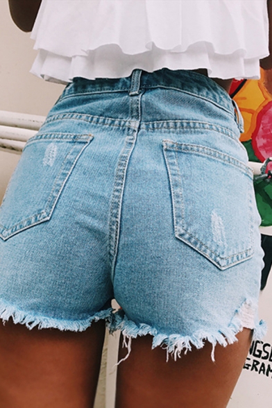 Sexy Summer Girls High Waist Ripped Raw Edge Skinny Plain Denim Shorts