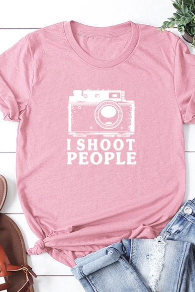 Simple Cool Roll-Up Sleeve Crew Neck Letter I SHOOT PEOPLE Camera Print Relaxed Graphic T Shirt for Girls