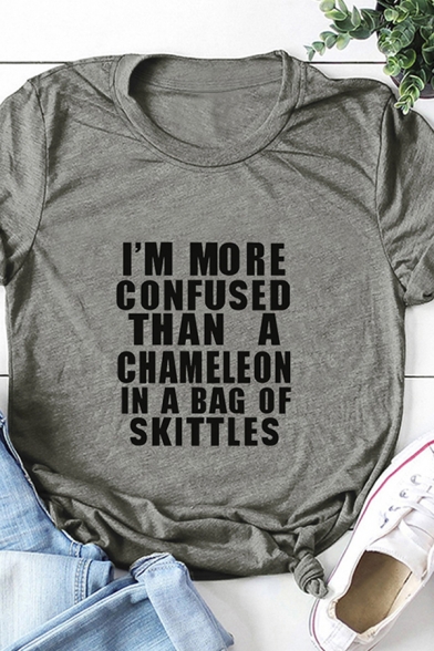 Simple Womens Roll Up Sleeve Crew Neck Letter I'M MORE COMFUSED THAN A CHAMELEON IN A BAG OF SKITTLES Printed Loose Tee