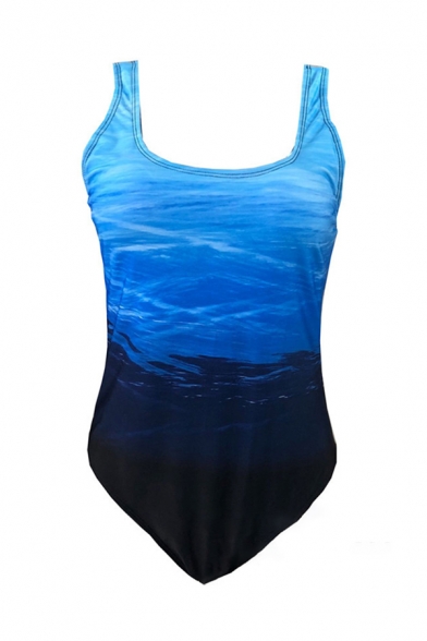 Summer Beach Girls Sleeveless Round Neck Striped Ombre Slim Fit Swimming Tank Bodysuit