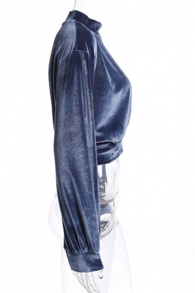 Trendy Street Long Sleeve Mock Neck Metallic Relaxed Fit Crop Sweatshirt Top for Women