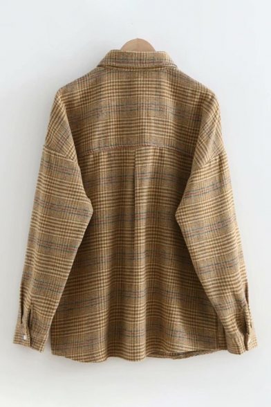 Vintage Girls' Long Sleeve Lapel Collar Button Down Pocket Patched Button Front Plaid Printed Loose Fit Wool Shirt