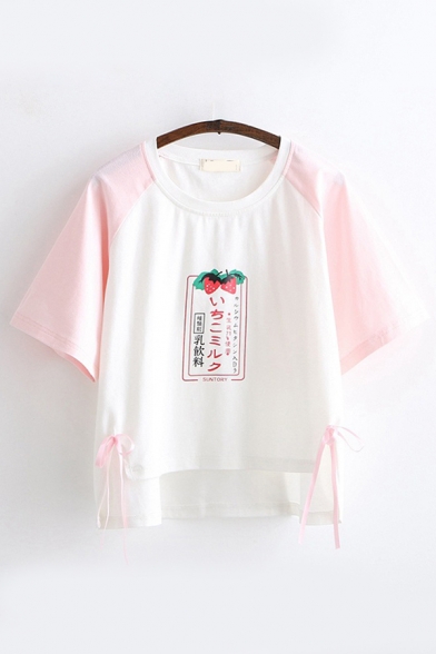 Womens Fancy Short Sleeve Round Neck Strawberry Graphic Bow Tie High and Low Colorblock Relaxed T-Shirt