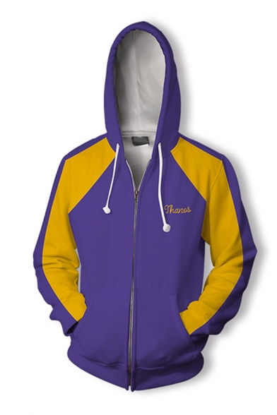 ashionable Purple Long Sleeve Drawstring Letter THANOS Finger Gesture Printed Colorblocked Zip Up Hoodie