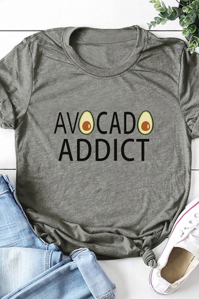 Basic Womens Roll-Up Sleeve Round Neck Letter AVOCADO ADDICT Graphic Relaxed Tee Top