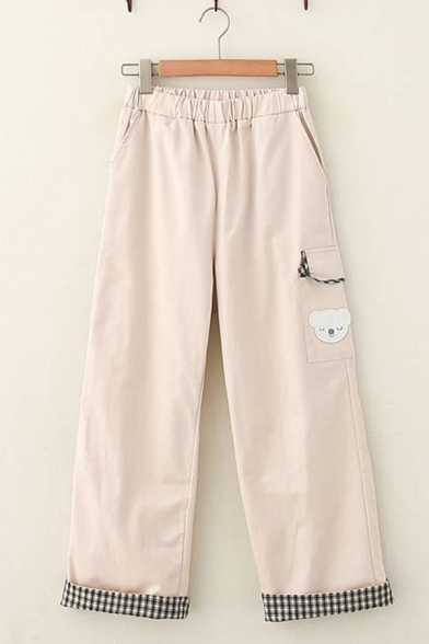 Casual Womens Elastic Waist Flap Pocket Bear Embroidery Checker Printed Long Wide-Leg Trousers