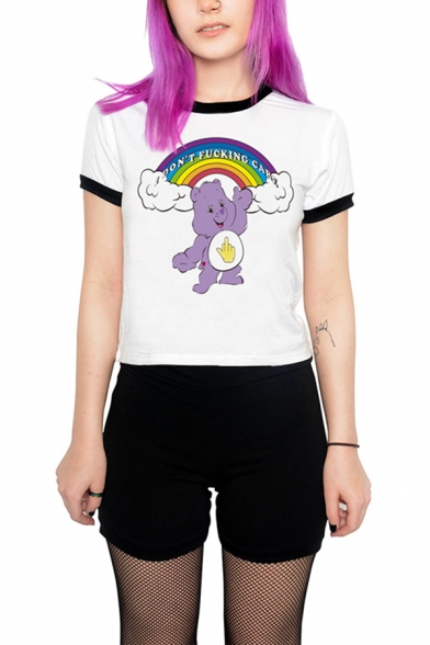 Chic Street Girls Short Sleeve Round Neck DON'T FUCKING CARE Letter Rainbow Bear Graphic Contrast Piped Slim Fit Crop Tee in White