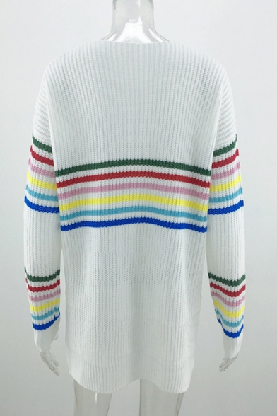 Classic Cool Long Sleeve V-Neck Stripe Patterned Slit Side Loose Fit Waffle Knit Sweater Top for Women