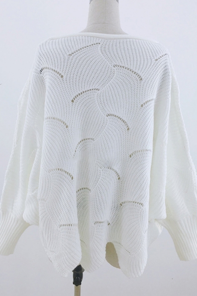 Creative Fashion Plain Long Sleeve Round Neck Hollow Out Chunky Knit Asymmetric Hem Oversize Sweater