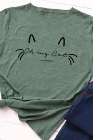 Cute Fashion Girls' Short Sleeve Crew Neck Cartoon Cat Face Slim Fit Tee in Olive Green