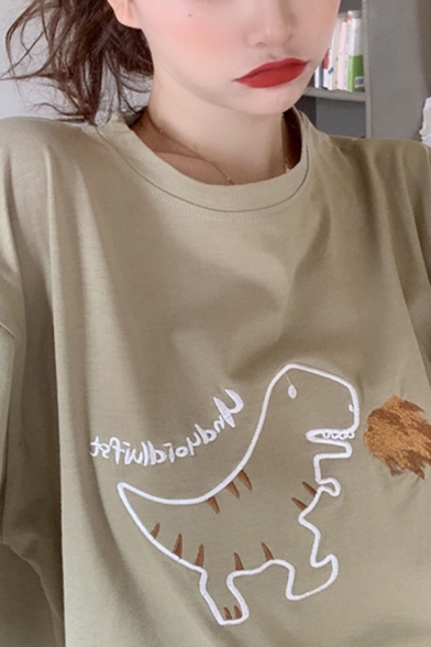 Cute Women's Three-Quarter Sleeves Crew Neck Dinosaur Graphic Relaxed Fit T-Shirt