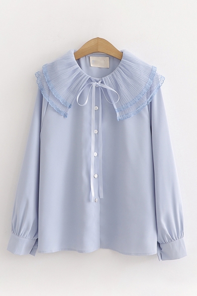 Elegant Girls Long Sleeve Peter Pan Collar Button Down Sheer Mesh Panel Solid Color Relaxed Shirt
